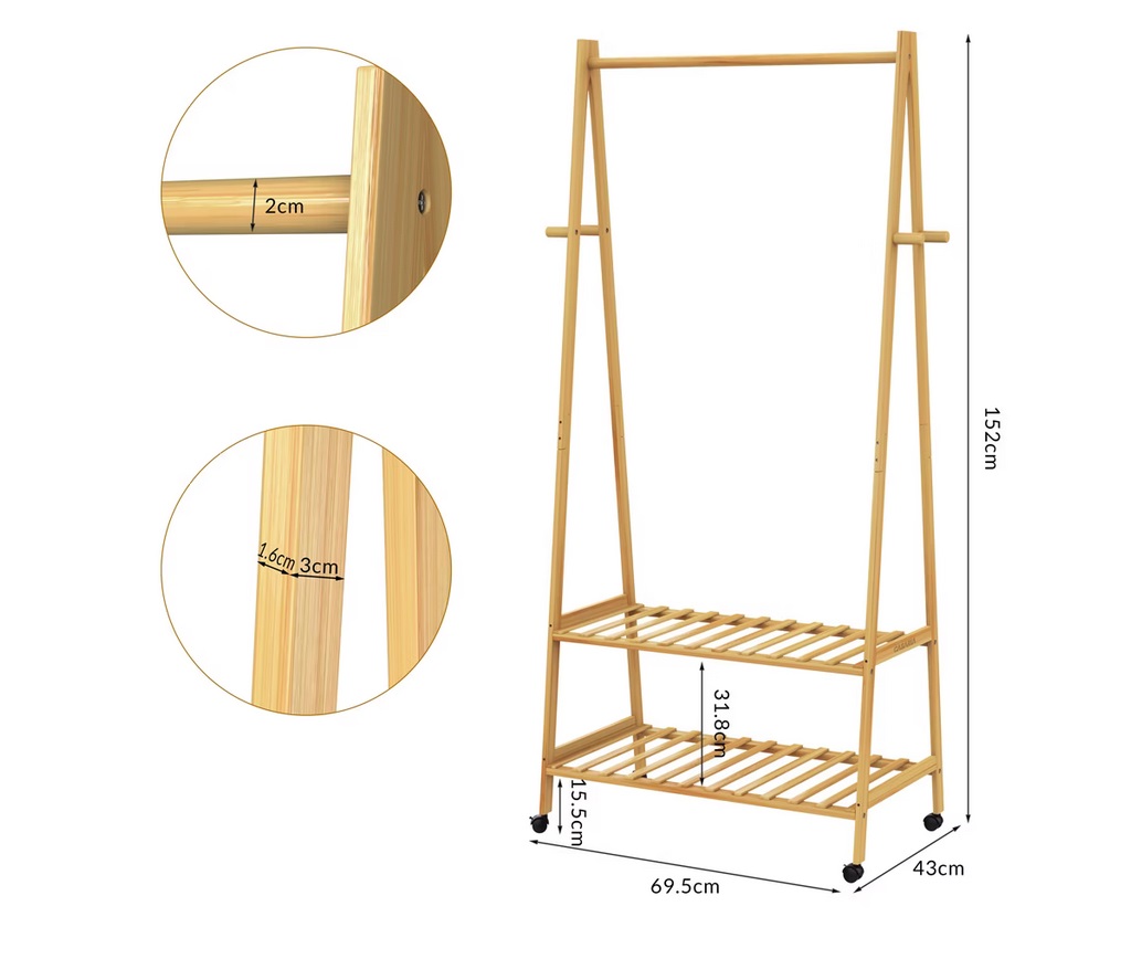 Kledingrek\u0020bamboe\u0020met\u0020wielen\u0020155x70x45cm