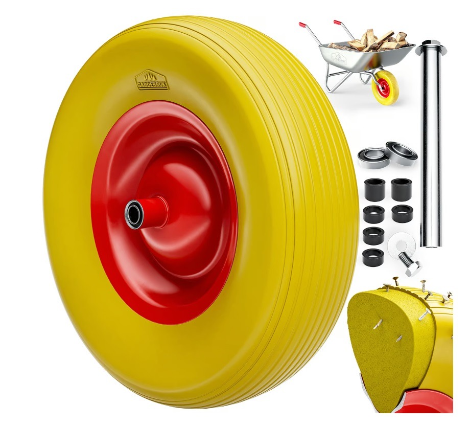 Kruiwagenwiel\u0020Rood\u0020Geel\u0020Rubber\u0020Staal\u002095mm\u0020200kg