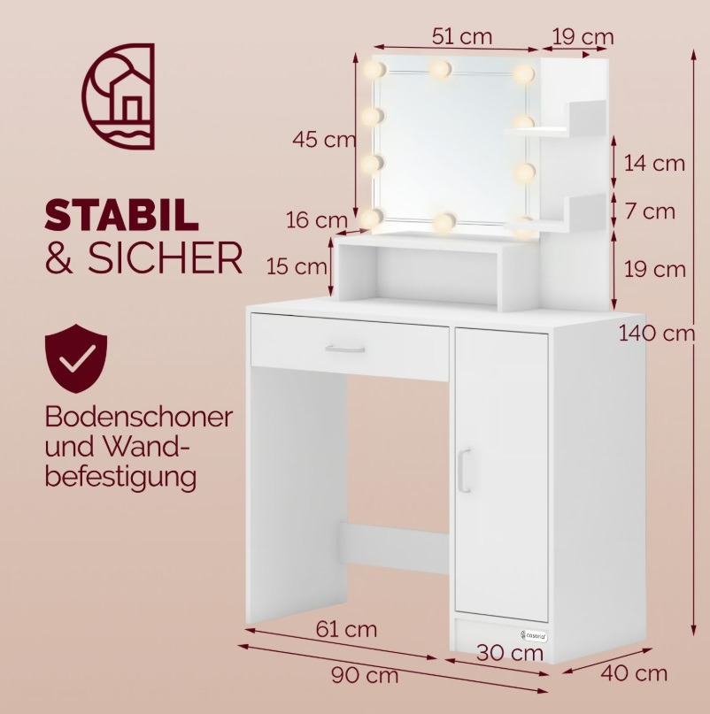 Kaptafel\u0020Jocelyn\u0020Wit\u0020140x90x40cm\u0020LED\u0020\u002B\u0020rolkrukje