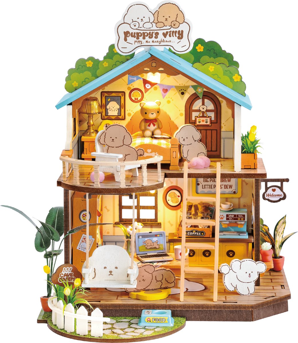 Robotime\u0020Puppy\u0020Cozy\u0020Villa\u0020Miniatuurhuisje\u0020Bouwpakket\u0020Modelbouw