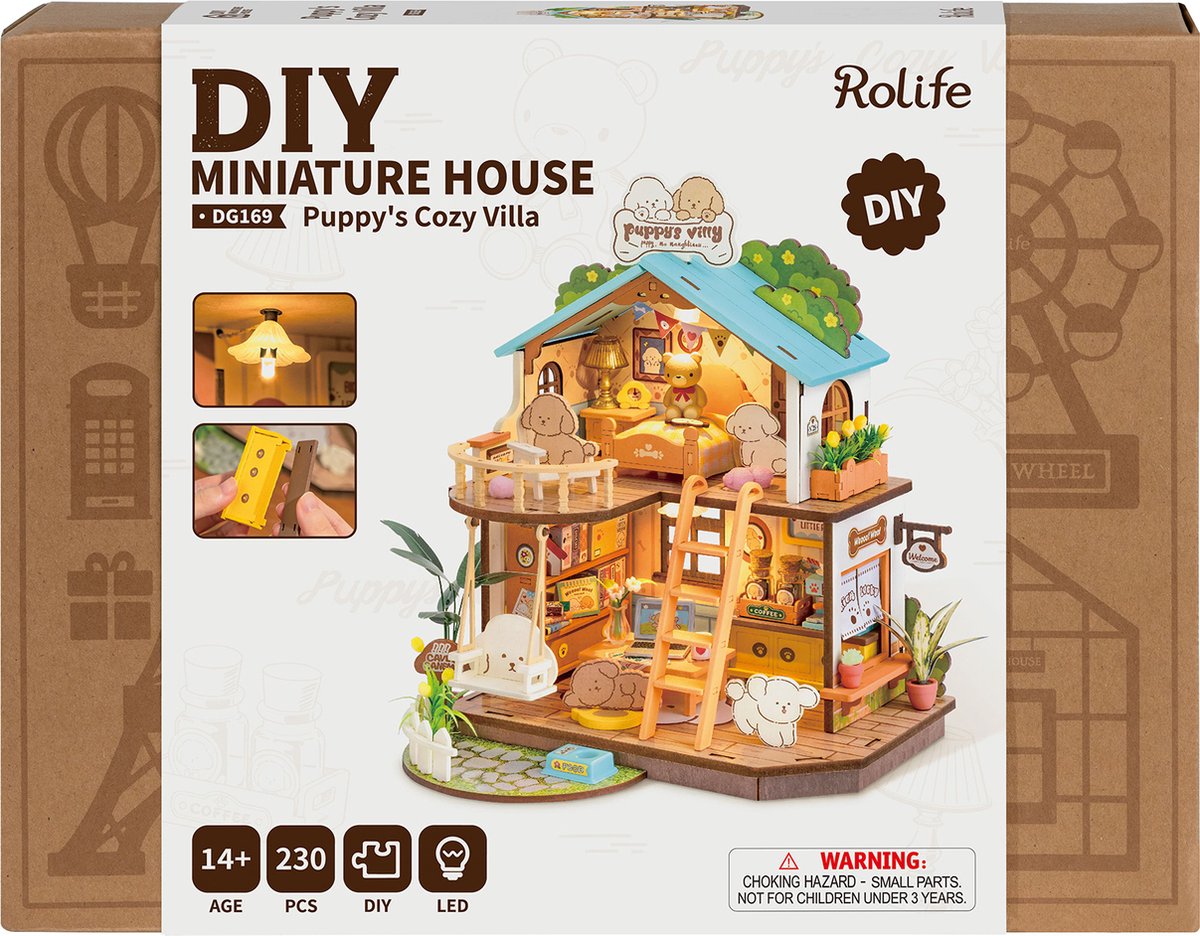 Robotime\u0020Puppy\u0020Cozy\u0020Villa\u0020Miniatuurhuisje\u0020Bouwpakket\u0020Modelbouw
