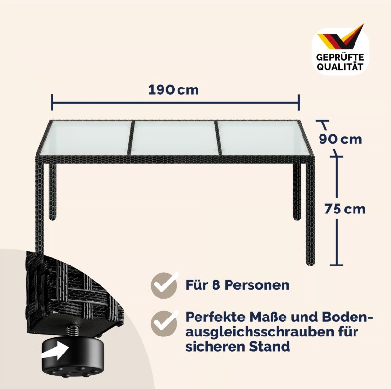 Polyrotan\u0020Tuintafel\u0020Zwart\u0020190x90x75cm\u0020glas
