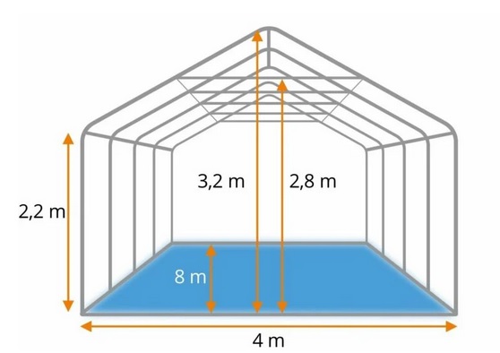 maatvoering Partytent PVC 4x8x2,2 mtr